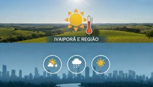 Céu com nuvens e sol intenso sobre Ivaiporã, com chuva se formando à distância 06 de feveriro 2026