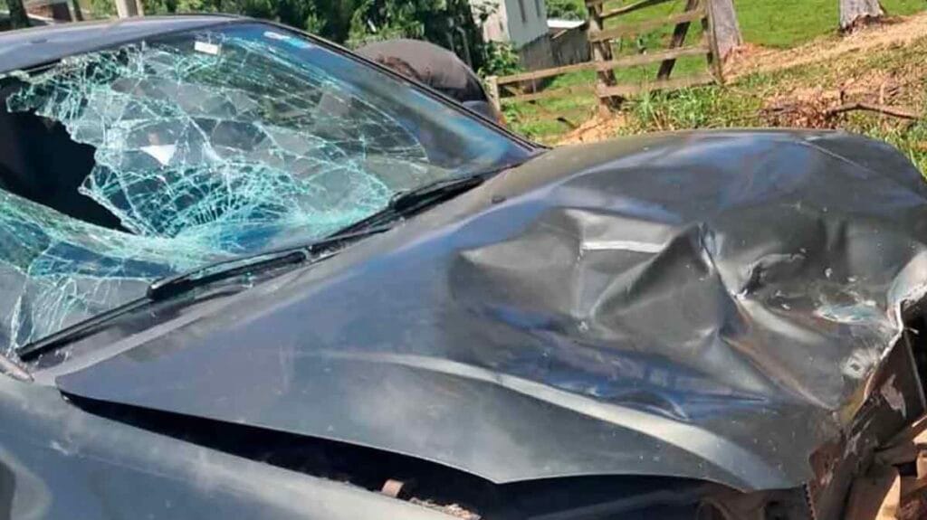 Local de acidente na PR-487 com carro e motocicleta após colisão em Cândido de Abreu