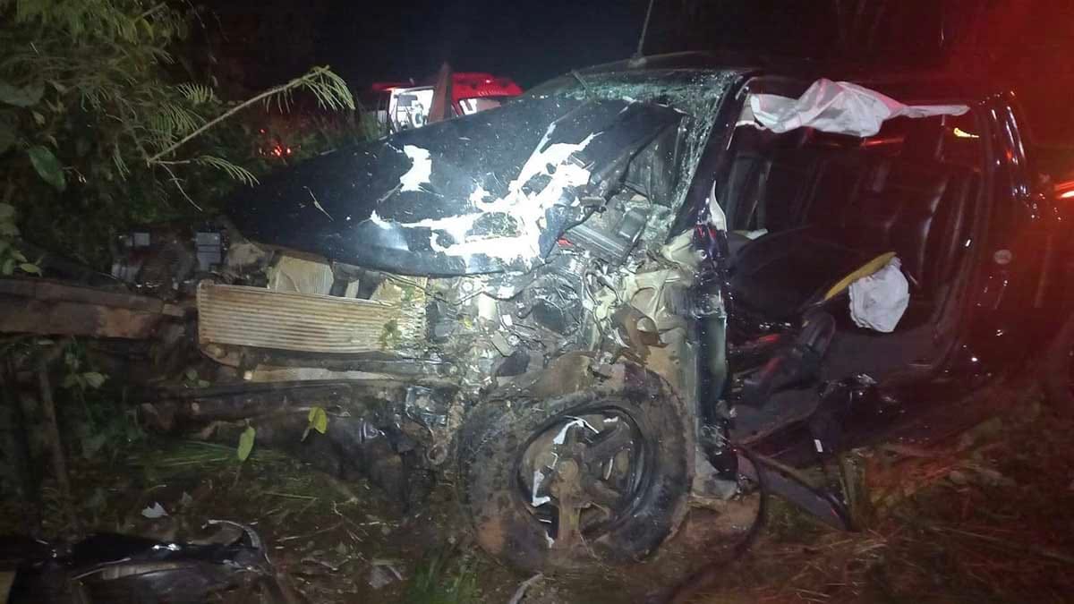 Camionete destruída após colisão contra árvore na PR-487, em Nova Tebas.