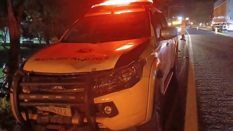 Trecho da rodovia onde pedestre foi atropelado, com viatura da PRE