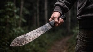 Mão segurando um facão durante a noite, com mata ao fundo, em imagem ilustrativa