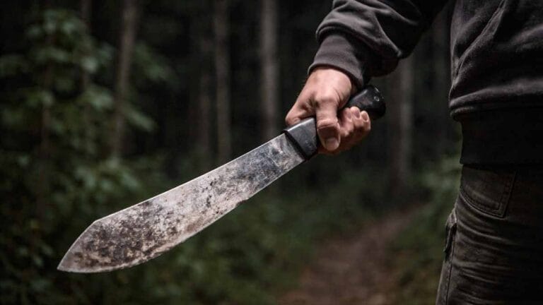 Mão segurando um facão durante a noite, com mata ao fundo, em imagem ilustrativa