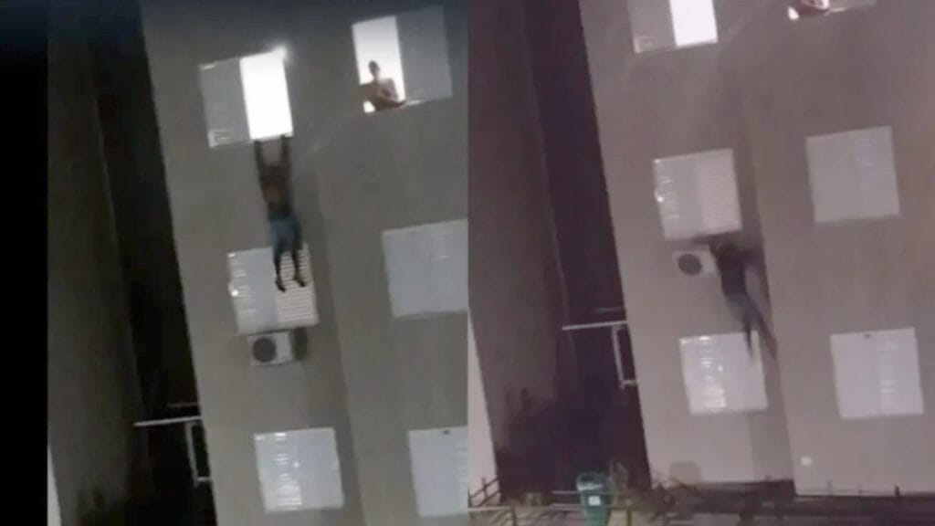 Homem saltou do terceiro andar após desentendimento; caso não teve feridos graves.