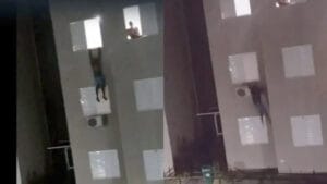 Homem saltou do terceiro andar após desentendimento; caso não teve feridos graves.