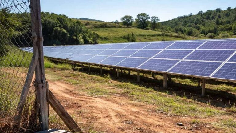 Usina solar em área rural com cercas cortadas, fios de cobre espalhados e placas danificadas
