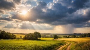 Sol entre nuvens no horizonte com áreas de chuva ao fundo em paisagem rural.