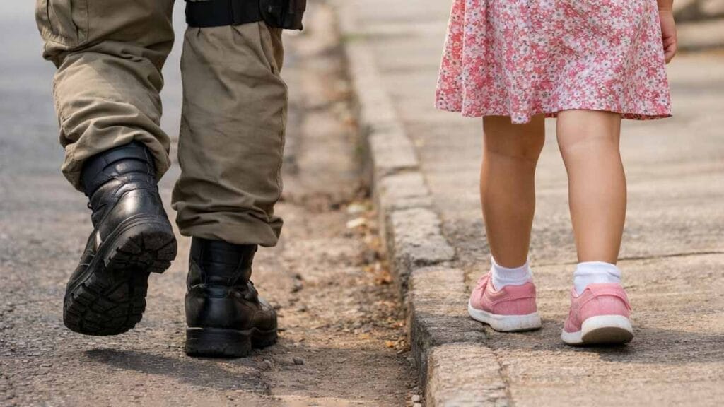 Imagem ilustrativa: policial acompanha criança após atendimento em Borrazópolis.