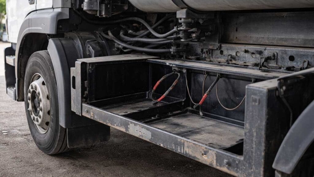 Imagem ilustrativa mostra compartimento de baterias de caminhão vazio após furto em posto de Lidianópolis