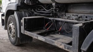 Imagem ilustrativa mostra compartimento de baterias de caminhão vazio após furto em posto de Lidianópolis