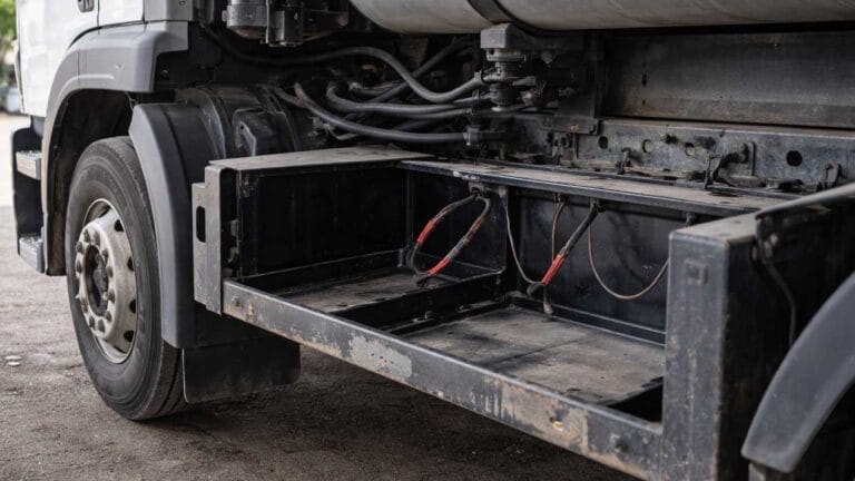 Imagem ilustrativa mostra compartimento de baterias de caminhão vazio após furto em posto de Lidianópolis