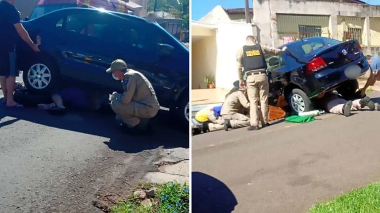 Idoso sendo resgatado sob carro em Apucarana por equipe do Samu e Bombeiros