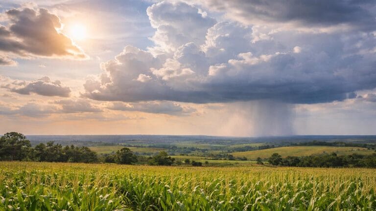 Sol entre nuvens e chuva isolada no horizonte em paisagem rural de Ivaiporã