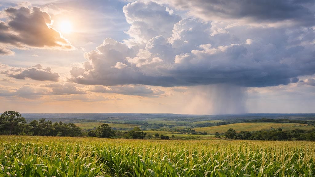 Sol entre nuvens e chuva isolada no horizonte em paisagem rural de Ivaiporã