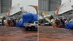 Silo em construção derrubado por vendaval na unidade da Cocari em Jardim Alegre