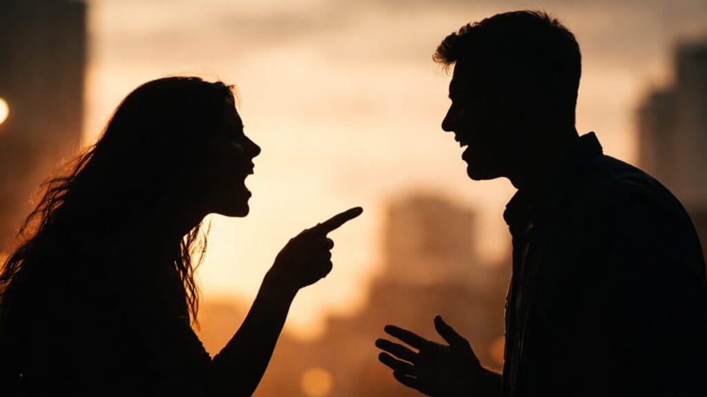 Silhueta de mulher e homem discutindo em cenário urbano ao entardecer, com forte luz de fundo