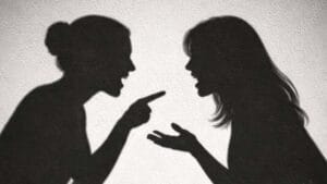 Sombras de duas mulheres discutindo em frente a uma casa de madeira ilustram ocorrência de desentendimento registrada pela Polícia Militar em Lunardelli