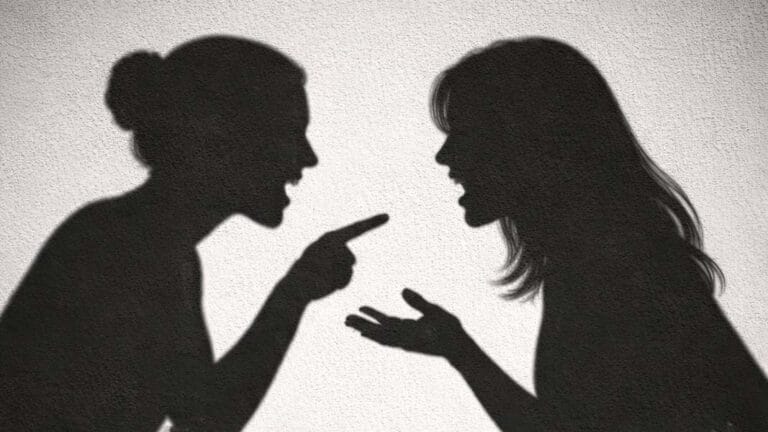 Sombras de duas mulheres discutindo em frente a uma casa de madeira ilustram ocorrência de desentendimento registrada pela Polícia Militar em Lunardelli