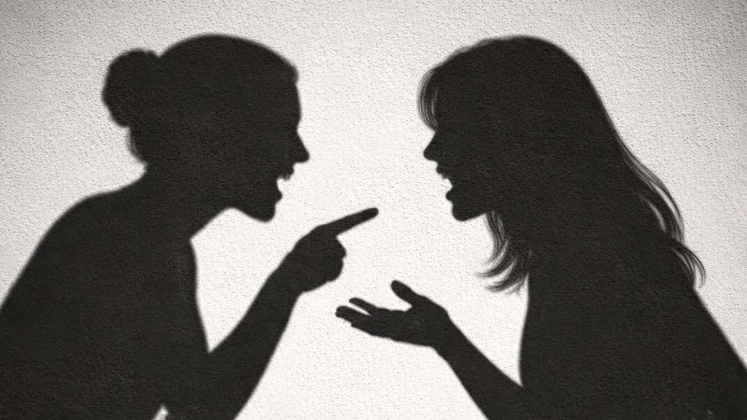 Sombras de duas mulheres discutindo em frente a uma casa de madeira ilustram ocorrência de desentendimento registrada pela Polícia Militar em Lunardelli