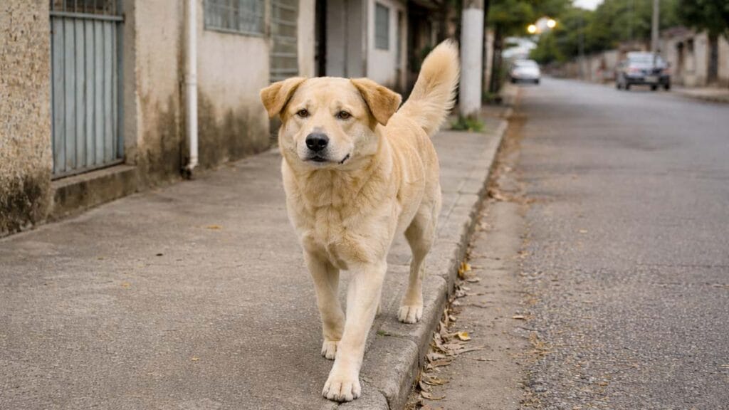 Cachorro marrom claro caminhando sozinho