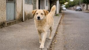 Cachorro marrom claro caminhando sozinho