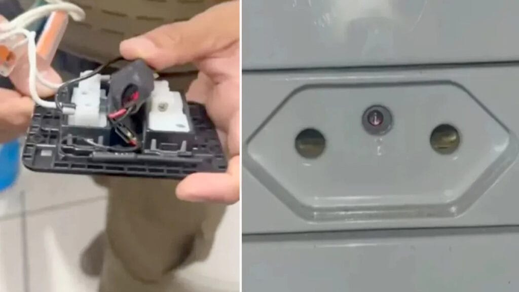 Tomada com microcâmera escondida encontrada em banheiro de empresa em Içara