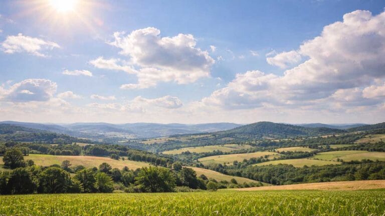 Horizonte rural com céu azul, sol e nuvens em dia quente nesta quarta-feira em Ivaiporã.