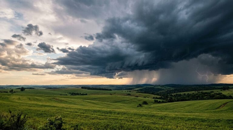 Nuvens carregadas de tempestade se formando no horizonte sobre paisagem rural.