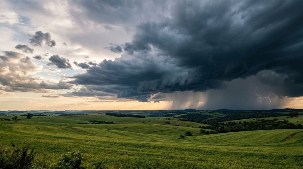 Nuvens carregadas de tempestade se formando no horizonte sobre paisagem rural.