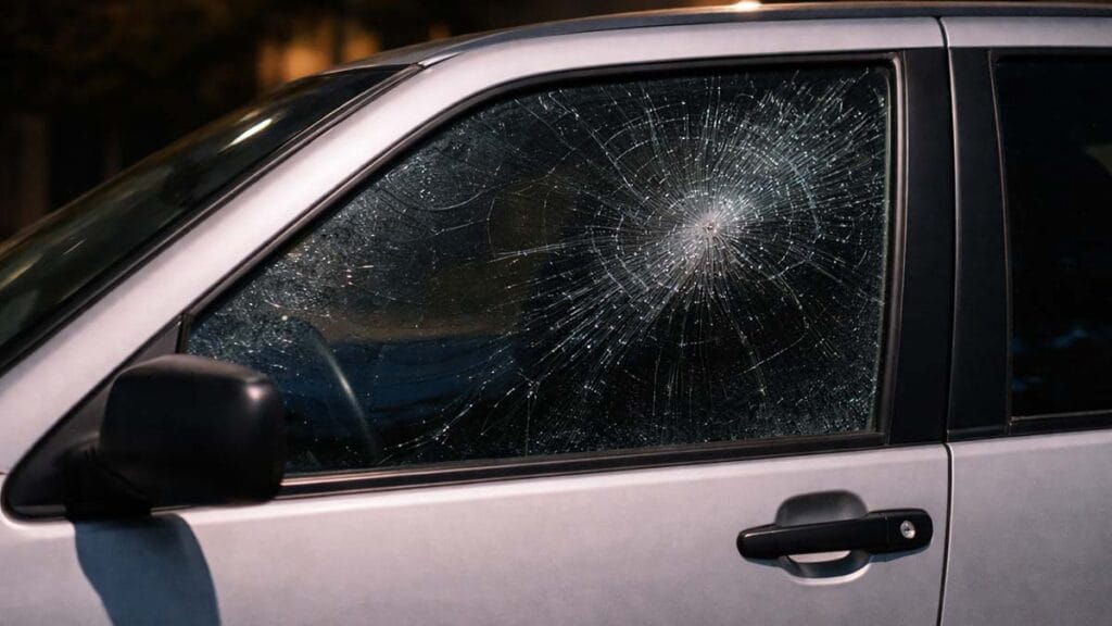 Vidro lateral do lado do passageiro de carro com rachaduras