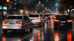trânsito noturno com chuva em avenida brasileira, com carros e placas Mercosul desfocadas