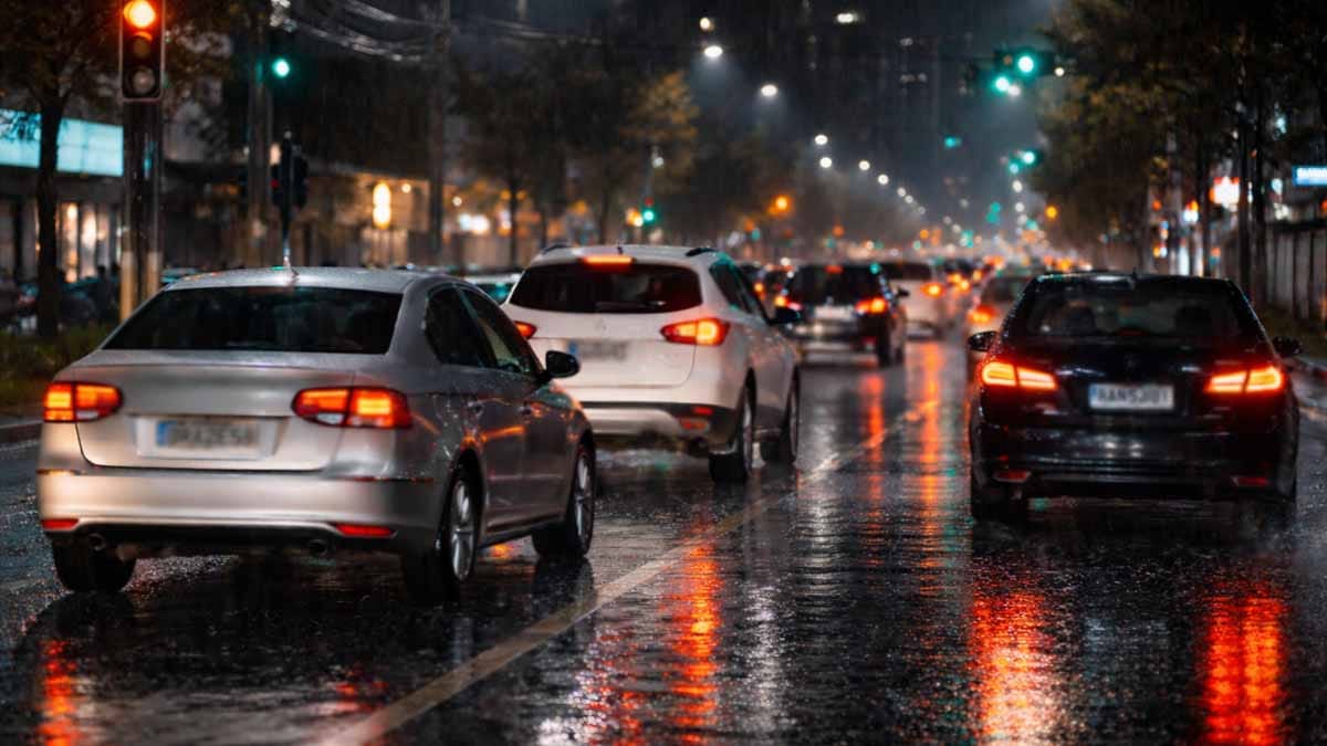 trânsito noturno com chuva em avenida brasileira, com carros e placas Mercosul desfocadas