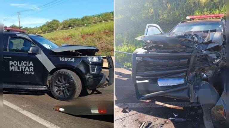 viatura da Rotam danficada após bater em caminhão guincho na PR-317 em Maringá