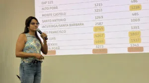 Cristiane Pantaleão durante apresentação em capacitação de saúde na Fatec