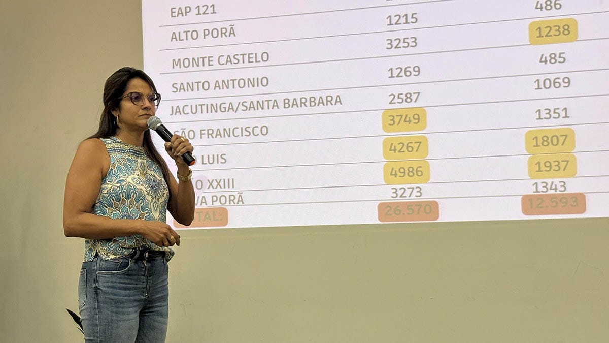 Cristiane Pantaleão durante apresentação em capacitação de saúde na Fatec