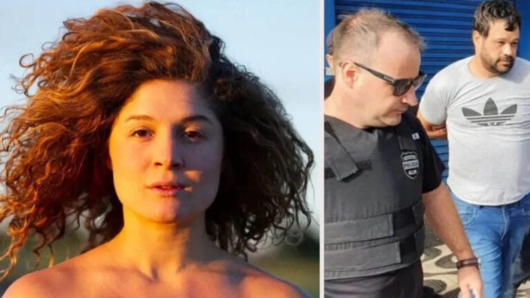 Imagem mostra a bailarina Magó e, ao lado, o suspeito sendo conduzido por policiais