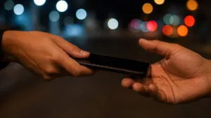 Imagem ilustra Mãos de homem repassando celular para outra pessoa em ambiente urbano noturno