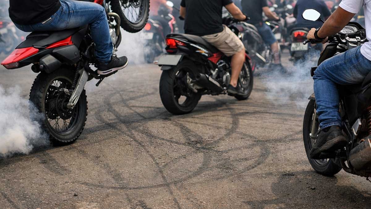 Motociclistas fazem manobras irregulares em frente ao Santuário Santa Rita em Lunardelli
