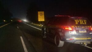 Viatura da PRF e equipes de atendimento em ocorrência de atropelamento na BR-376 em Ortigueira