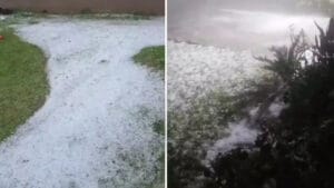 Granizo cobre ruas e quintais em São João do Triunfo após temporal no Paraná