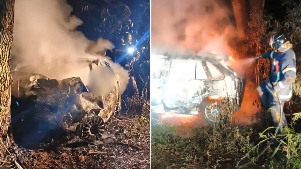   Carro bateu em árvorese e pegou fogo