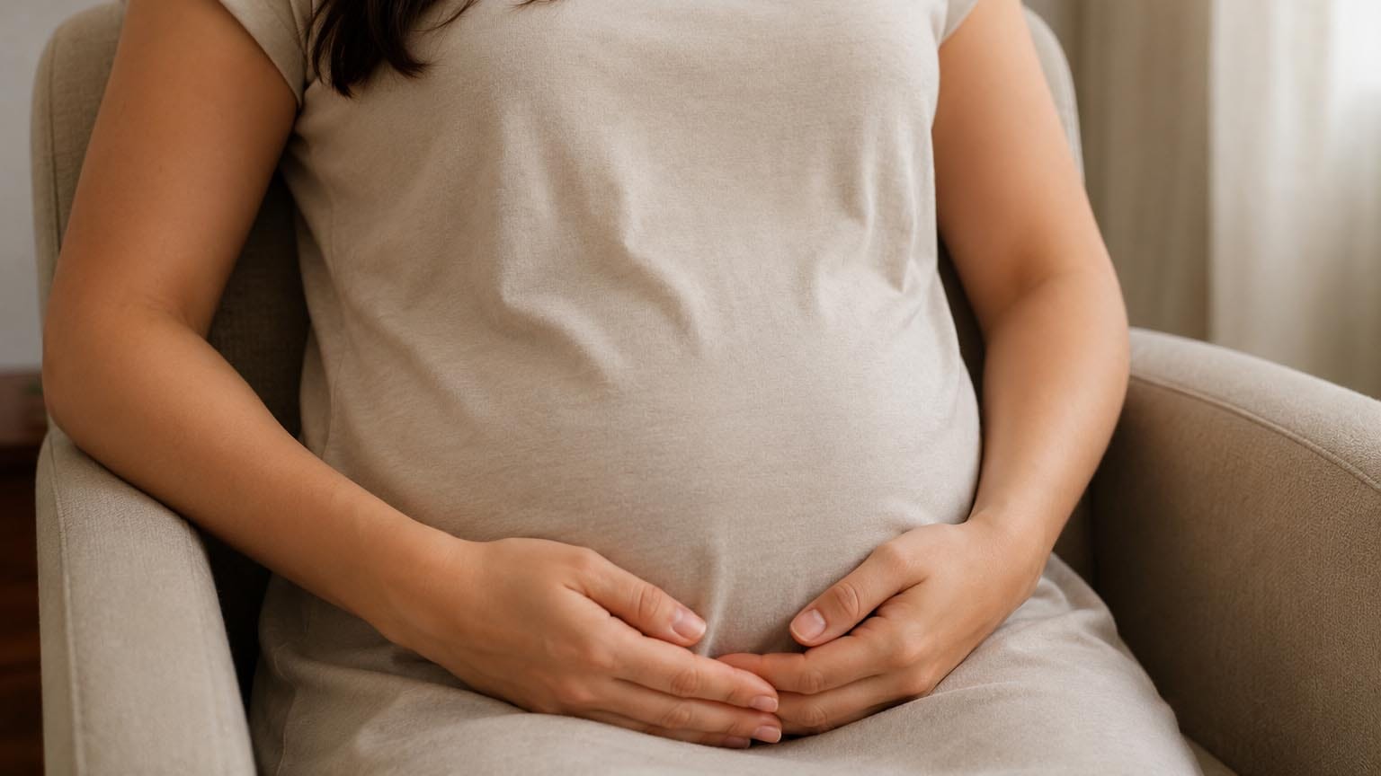 Gestante em início de gravidez sentada em cadeira com mãos sobre o baixo ventre