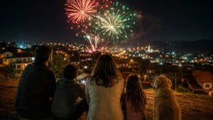 Família observa fogos silenciosos coloridos iluminando o céu durante uma celebração noturna