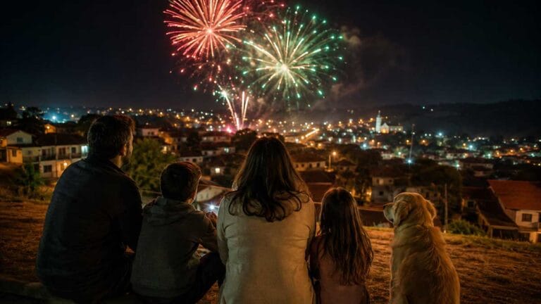 Família observa fogos silenciosos coloridos iluminando o céu durante uma celebração noturna