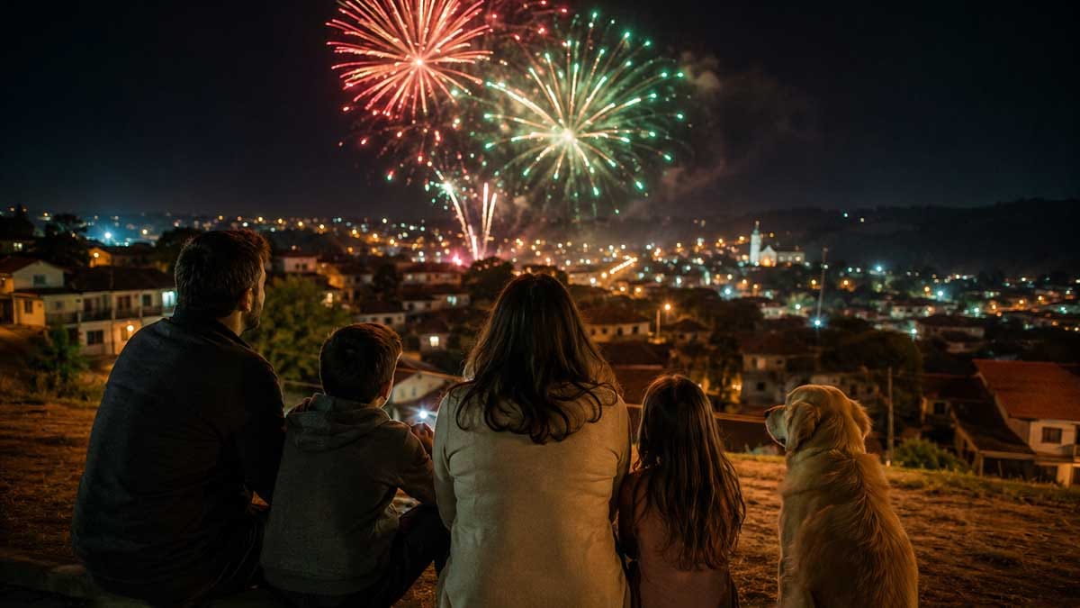Ivan Maldonado / Notícias Online Família observa fogos silenciosos coloridos iluminando o céu durante uma celebração noturna