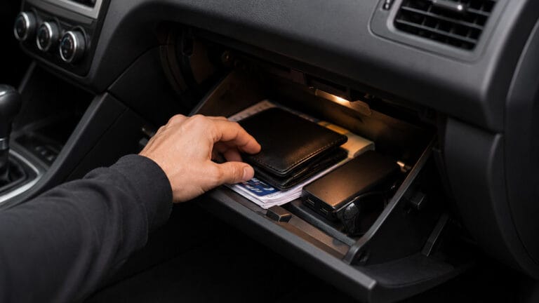 Ilustração do interior de um carro com uma mão mexendo no porta-luvas
