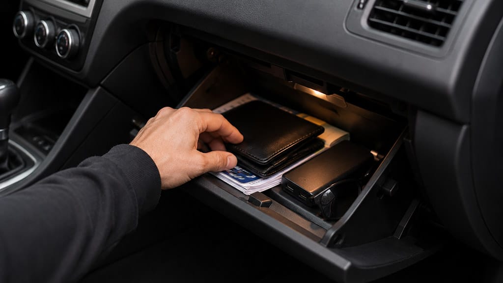 Ilustração do interior de um carro com uma mão mexendo no porta-luvas
