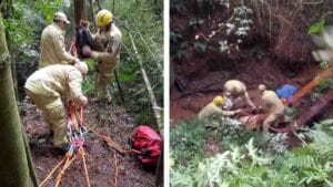 Equipes do Corpo de Bombeiros utilizaram cordas e equipamentos de salvamento para retirar a vítima de uma área de difícil acesso em Ivaiporã.