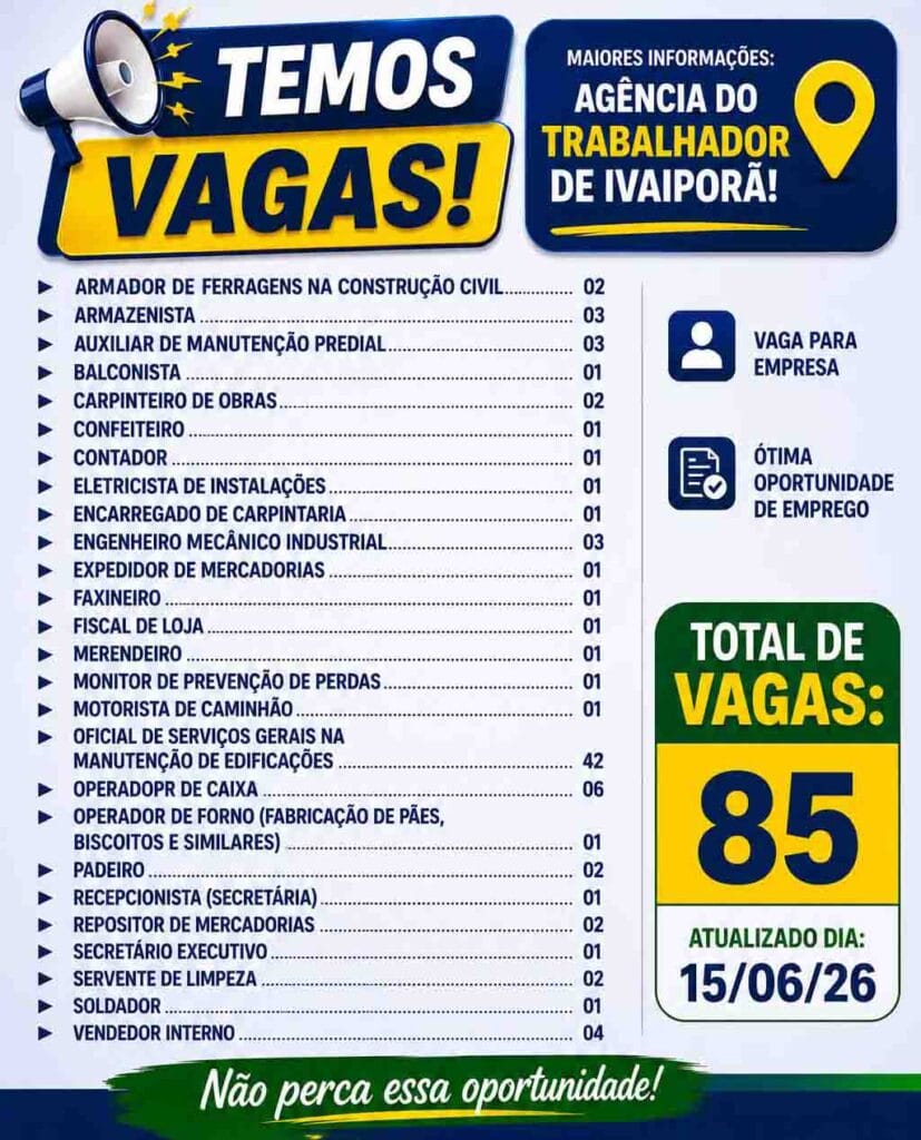 Sine oferta 85 vagas de emprego em Ivaiporã; confira vagas emprego ivaipora 1