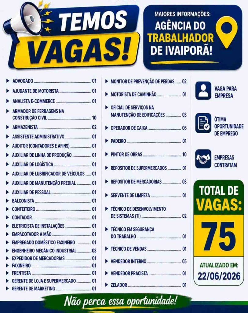 vagas ssegunda feira 22