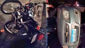 Equipes da Polícia Militar e Corpo de Bombeiros atenderam a ocorrência na PR-466, em Jardim Alegre, após colisão entre uma motocicleta e um automóvel.